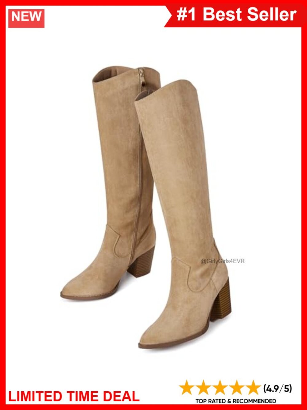 Faux Suede Knee High Boots Pointed Toe Block Heel Side Zip